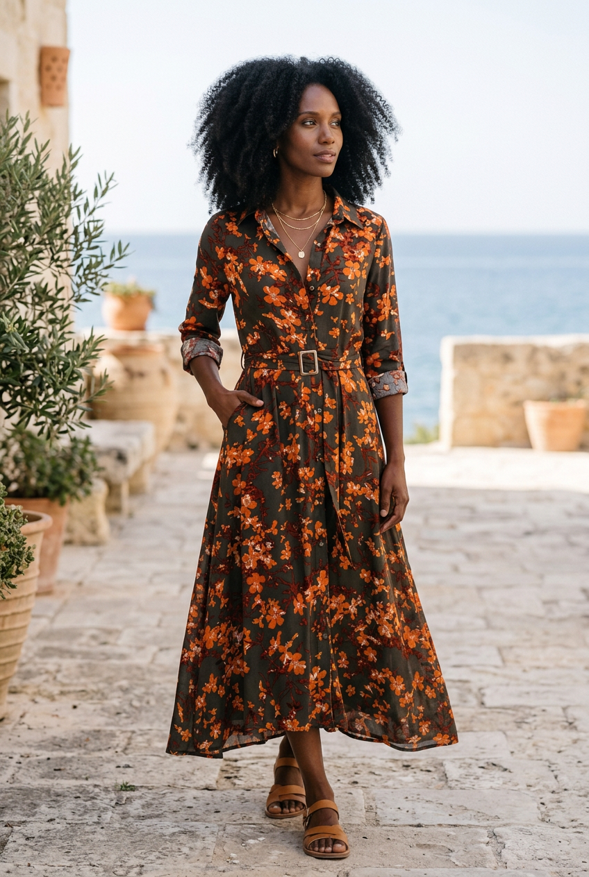 Model wearing the orange floral Madrid dress