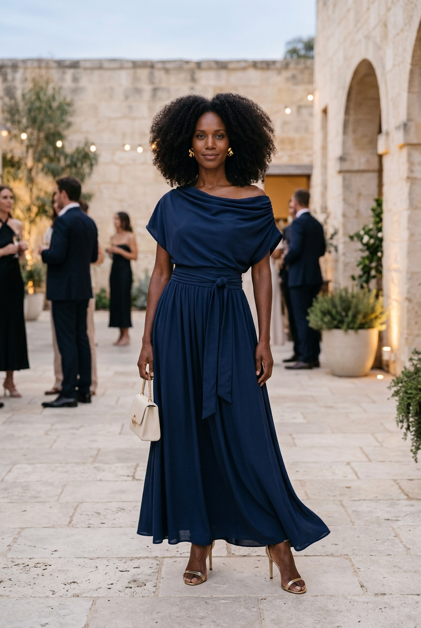Celeste on the model with natural curls in a cocktail courtyard