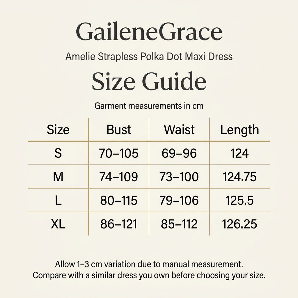 Amelie dress size guide for sizes S–XL with bust, waist and dress length measurements in centimetres