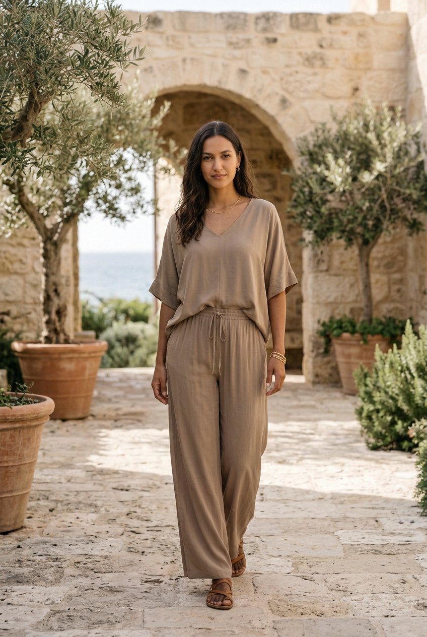 Aria camel two-piece trouser set, editorial lifestyle image