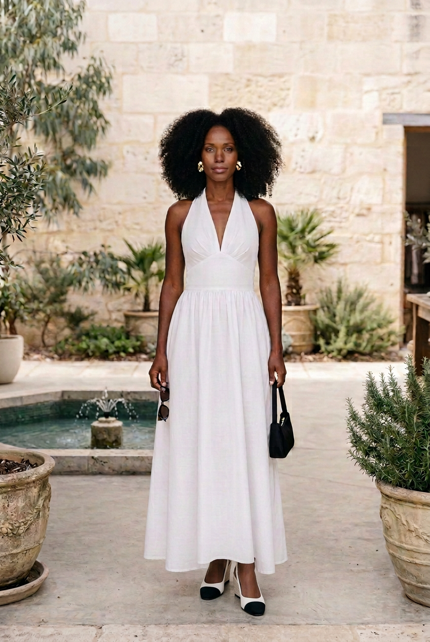 Isla cotton halter-neck maxi dress in white styled with black-and-white wedges