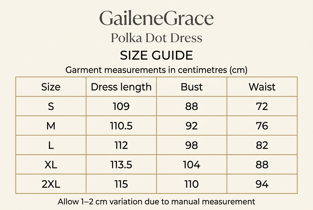 GaileneGrace polka dot dress size guide, S to 2XL, with dress length, bust and waist garment measurements in centimetres. Allow 1–2 cm variation due to manual measurement.