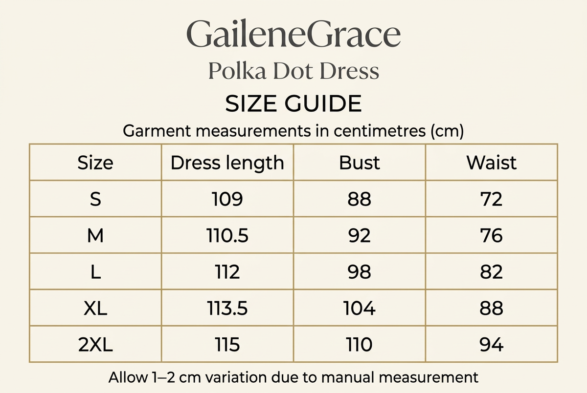 GaileneGrace polka dot dress size guide, S to 2XL, with dress length, bust and waist garment measurements in centimetres. Allow 1–2 cm variation due to manual measurement.