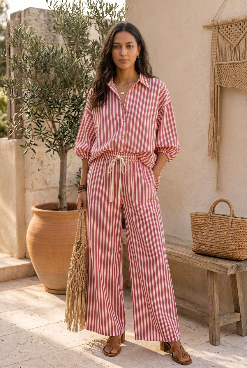 Marielle red striped set with relaxed shirt styling and open collar.