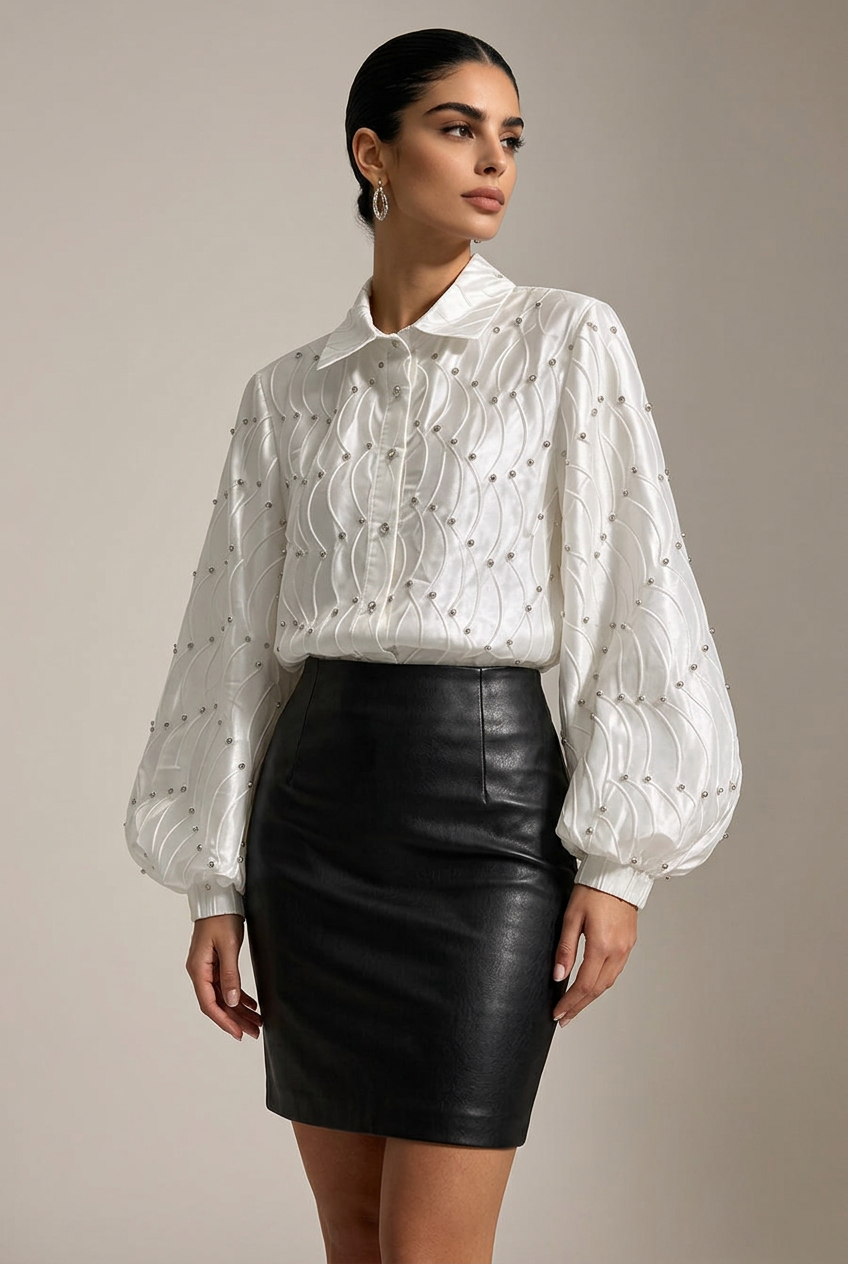 Celeste white embellished wave-pleated blouse styled with a fitted black leather-look skirt in a studio setting