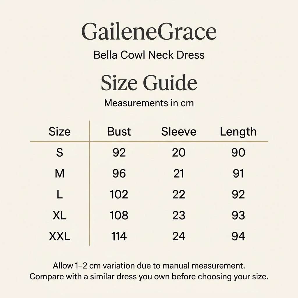 Bella dress size guide for S–XXL with bust, sleeve and dress length measurements in centimetres