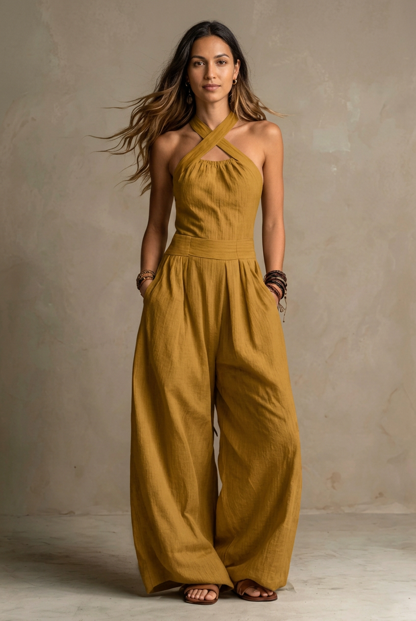 Medina mustard jumpsuit on GaileneGrace younger model
