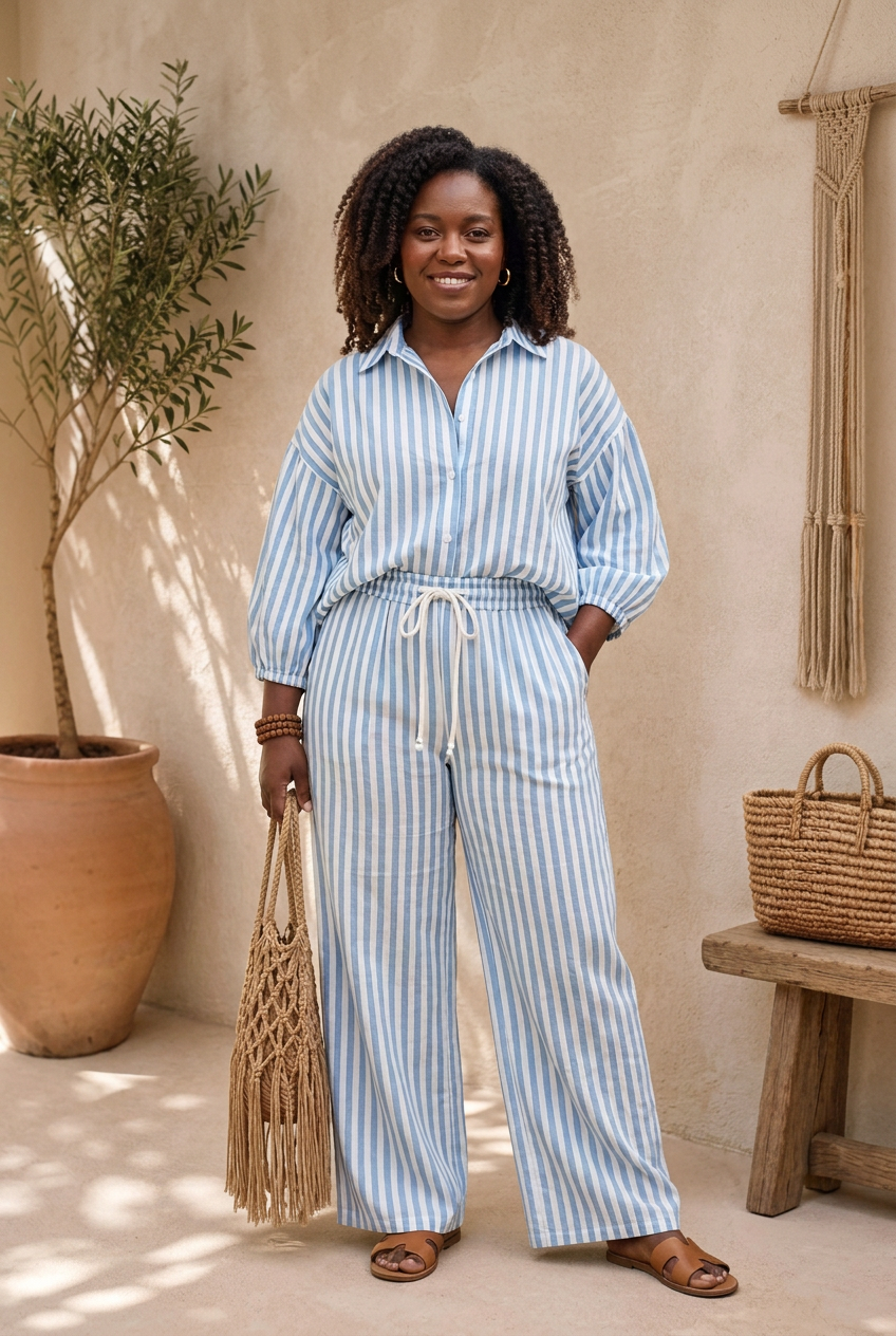 Curvy model wearing the light blue Marielle striped shirt and pants set in a warm neutral lifestyle setting.