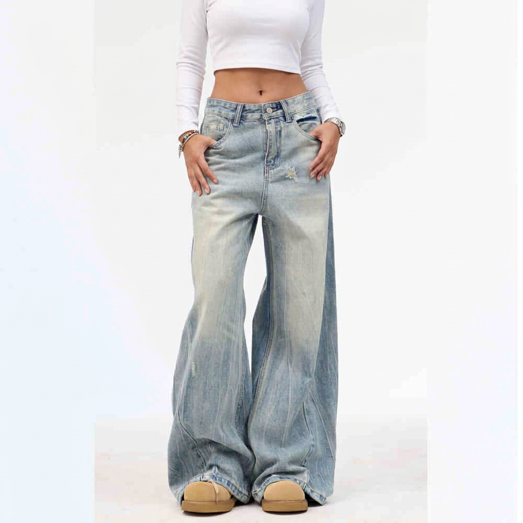 Front view of washed blue wide-leg jeans worn with a white cropped top