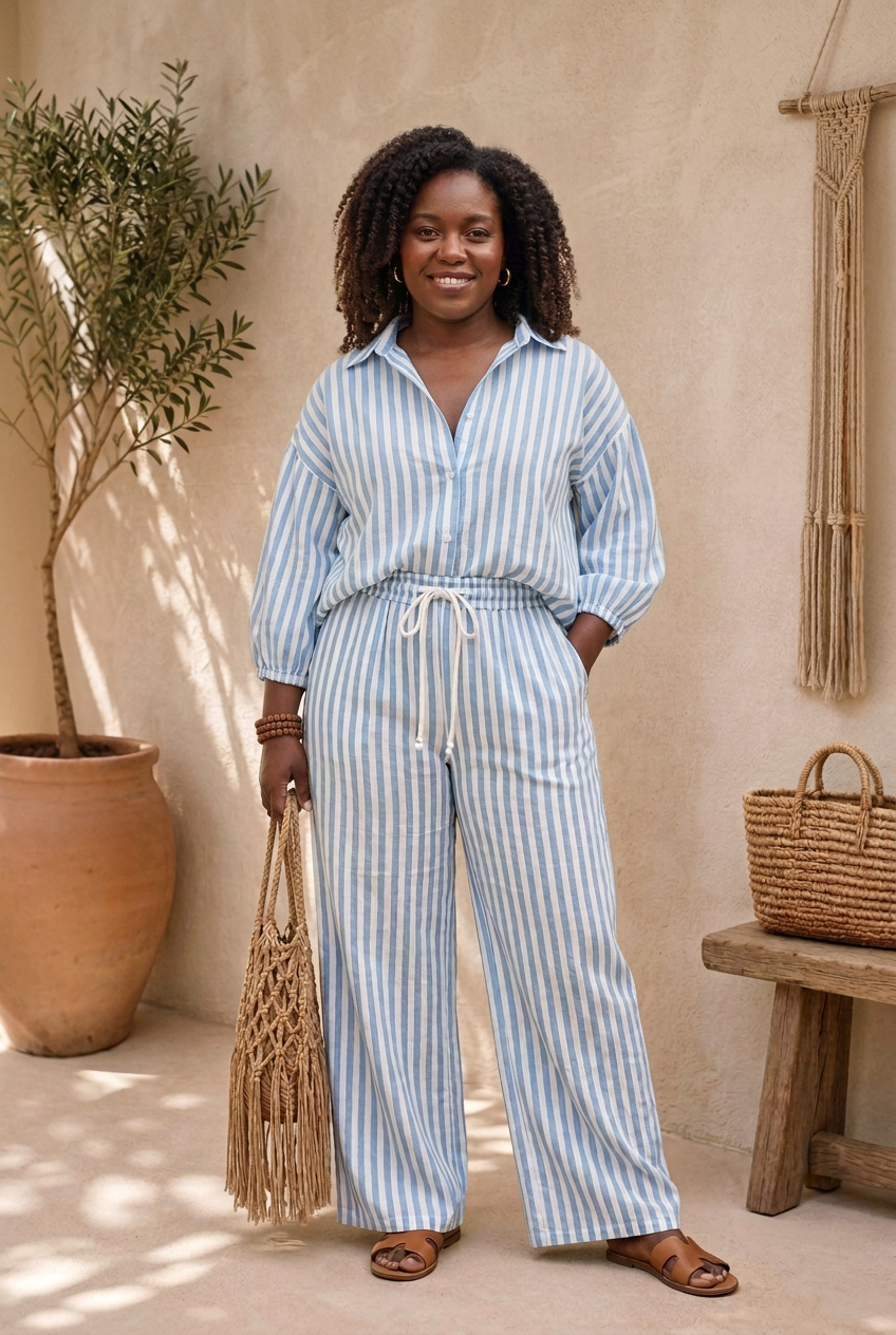 Curvy model in Marielle light blue striped set with relaxed shirt styling and open collar.