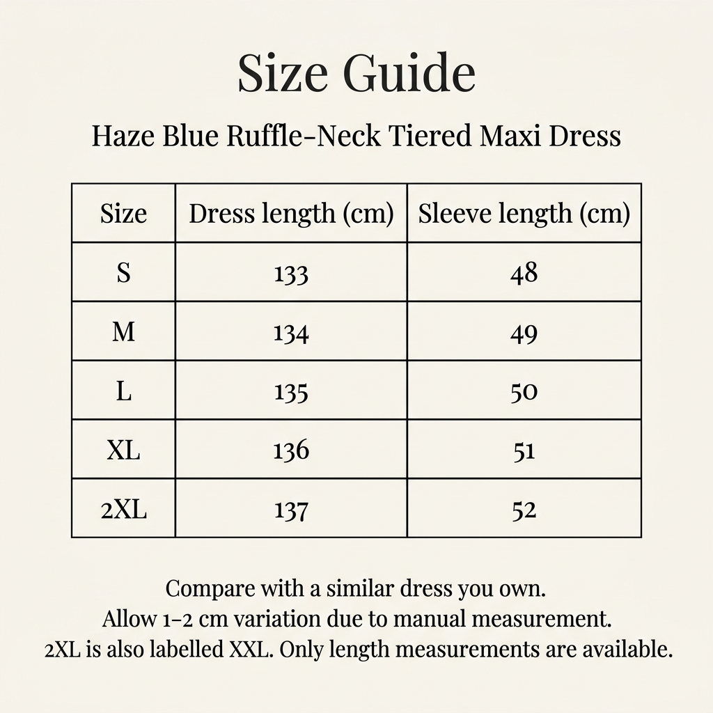 Haze Blue Ruffle-Neck Tiered Maxi Dress size guide for S–2XL showing dress and sleeve lengths in centimetres.