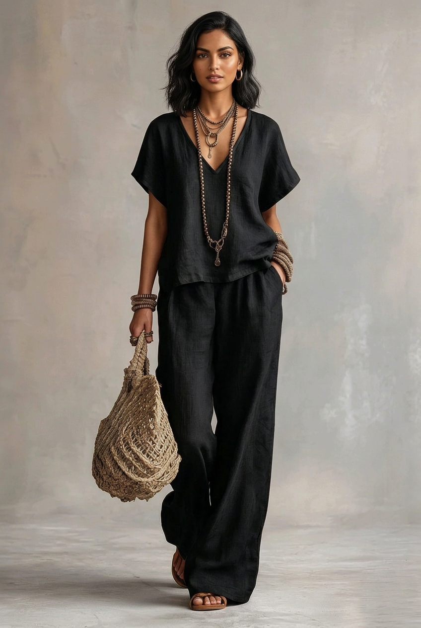 Model wearing the black Marlowe Relaxed Two-Piece Set