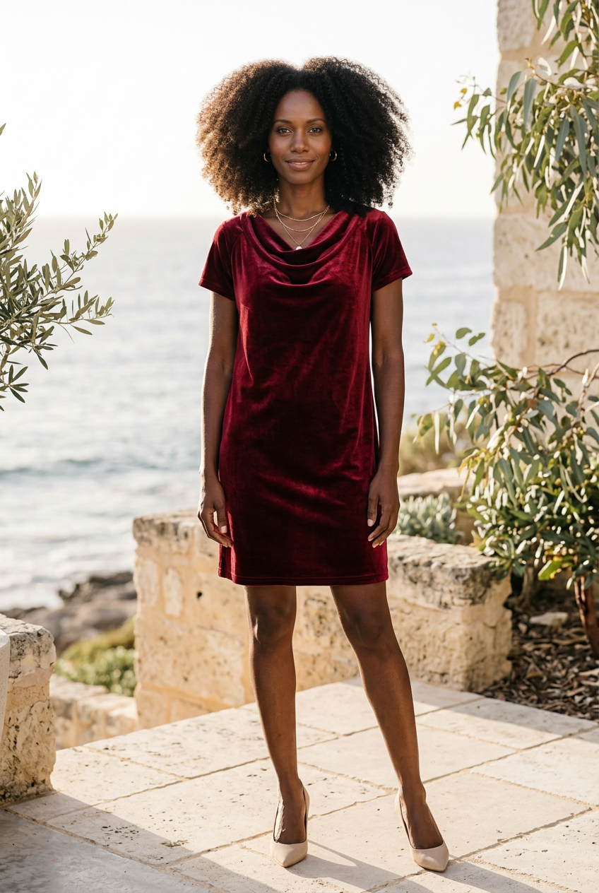 Curly-haired brand model wearing the wine-red Bella cowl-neck dress