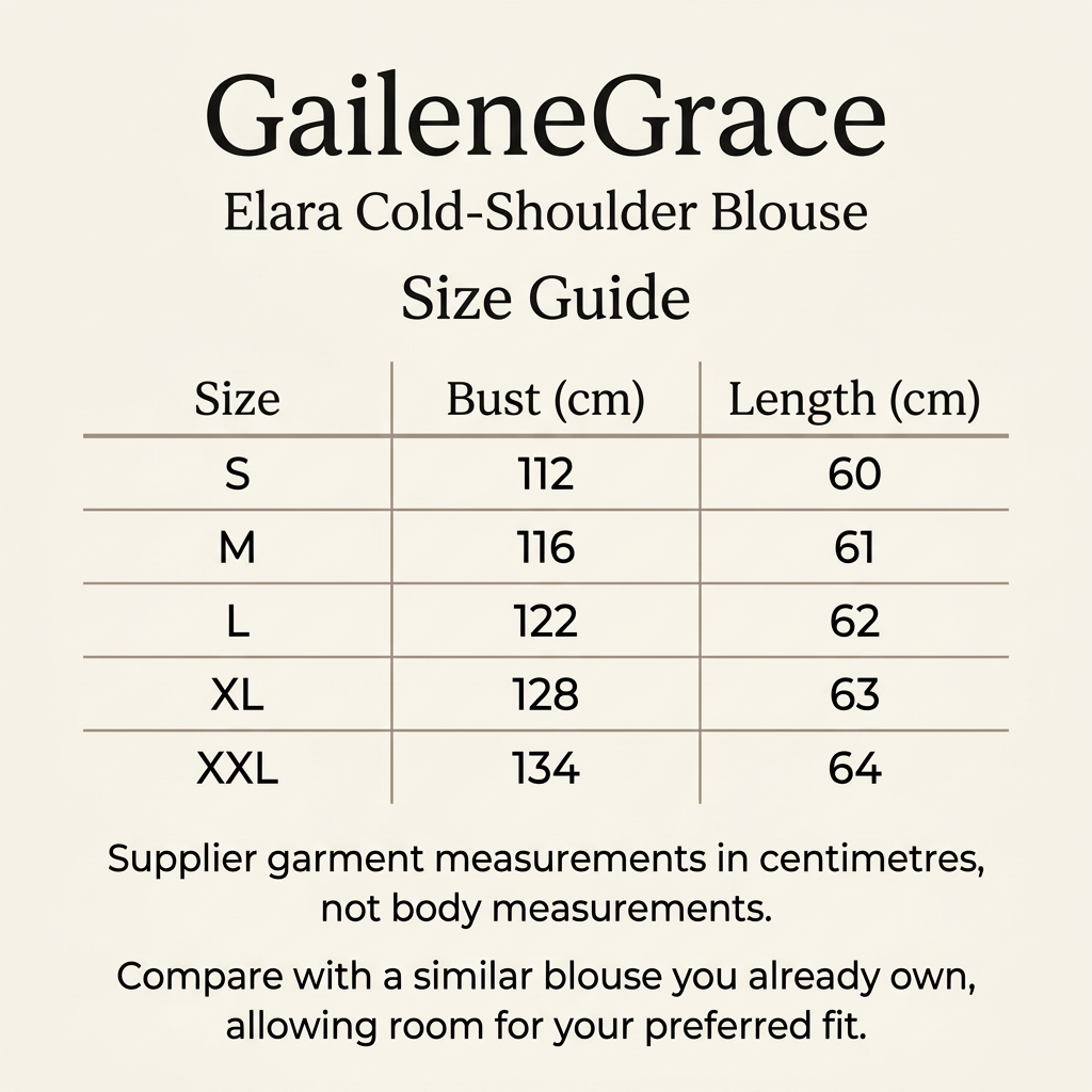 Elara blouse size guide: supplier bust and length measurements in centimetres for S to XXL
