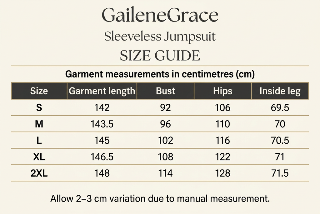 GaileneGrace sleeveless jumpsuit size guide for S to 2XL, showing garment length, bust, hips and inside leg measurements in centimetres. Allow 2–3 cm variation due to manual measurement.