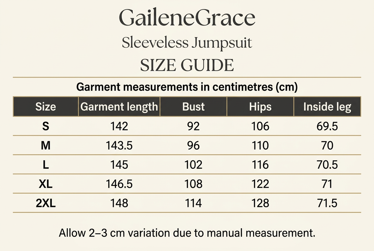 GaileneGrace sleeveless jumpsuit size guide for S to 2XL, showing garment length, bust, hips and inside leg measurements in centimetres. Allow 2–3 cm variation due to manual measurement.
