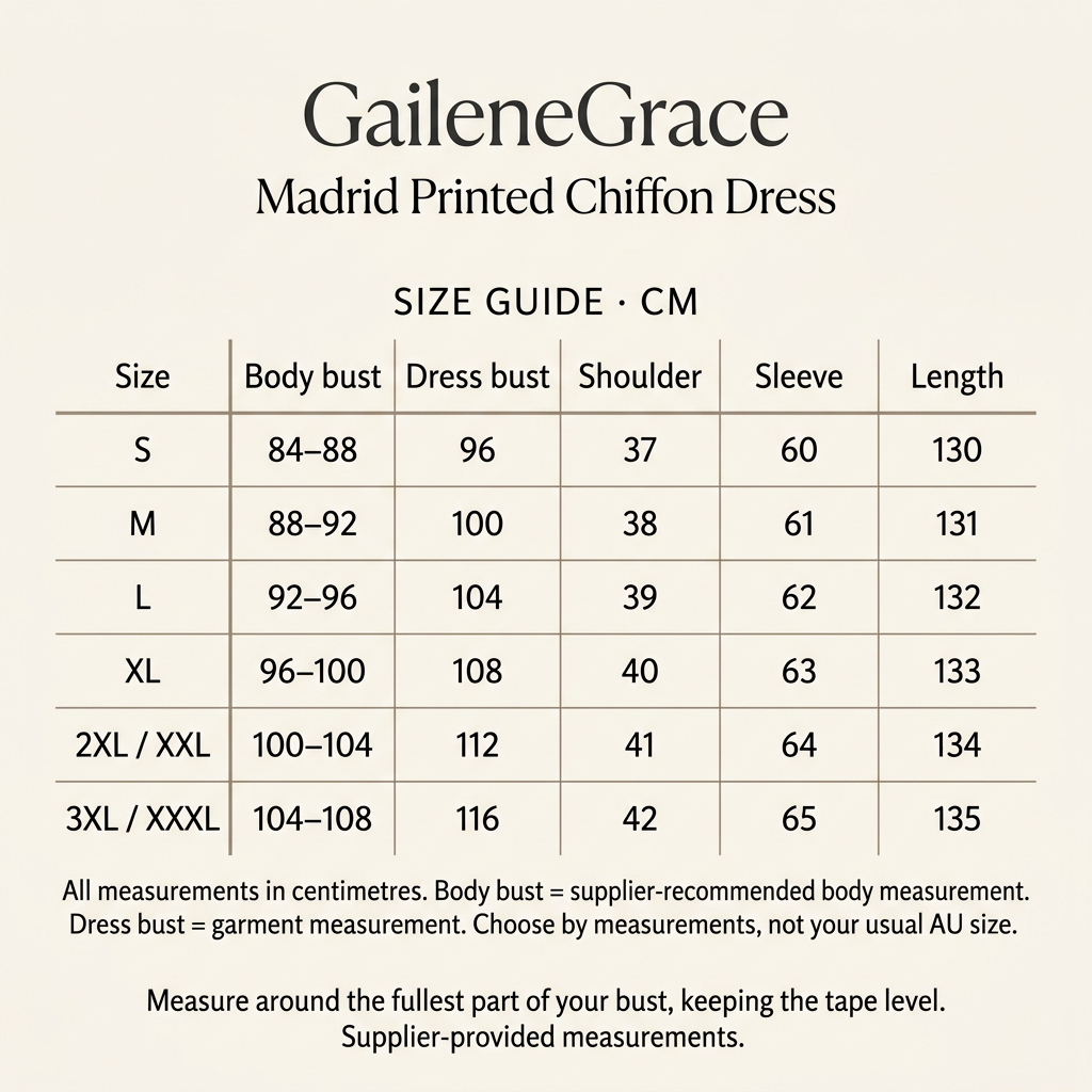 Madrid Printed Chiffon Dress supplier size guide, S to 3XL, with recommended body bust and garment measurements in centimetres.