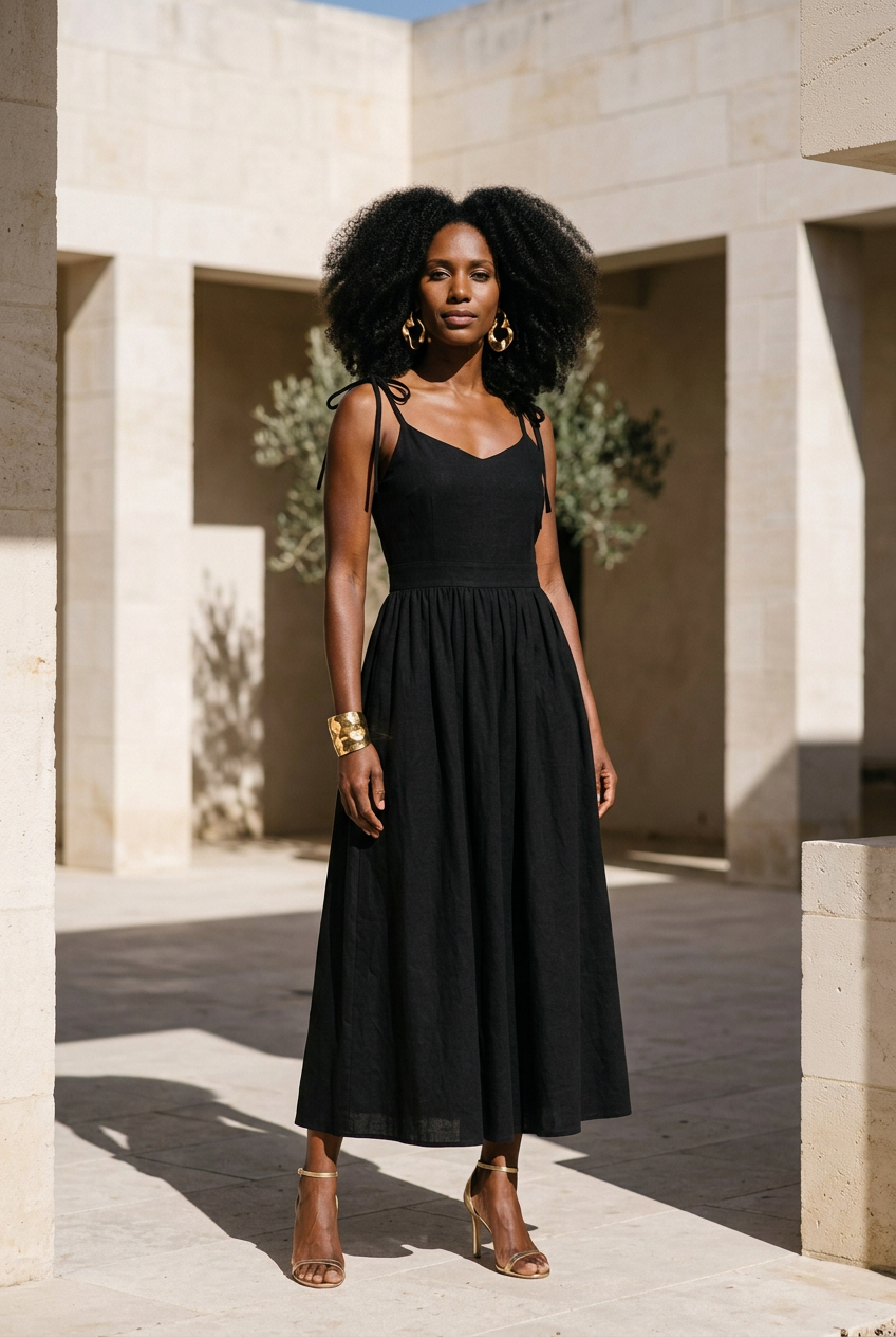 Clara cotton tie-shoulder midi dress in black, editorial styling