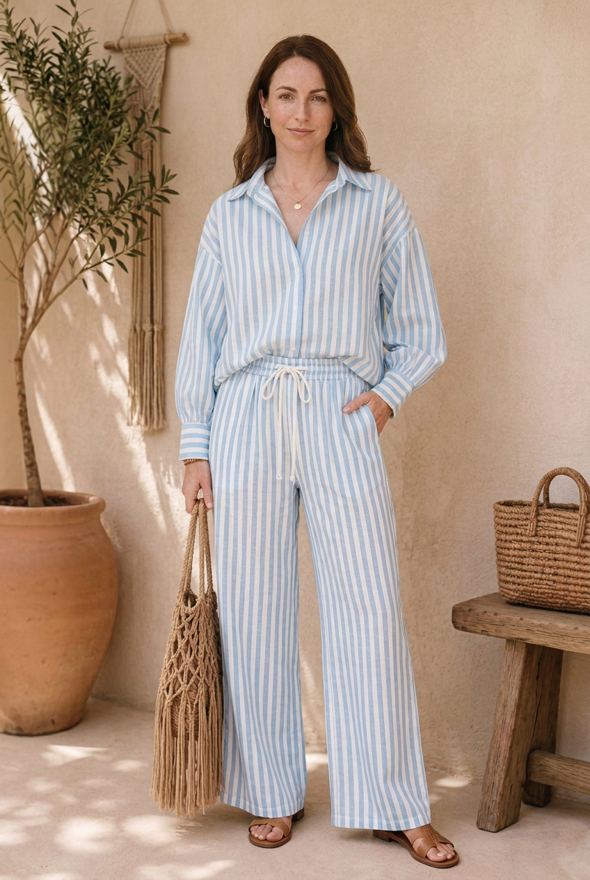 Marielle light blue striped set with relaxed shirt styling and open collar.