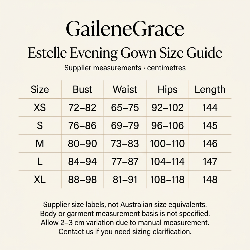Estelle evening gown supplier size guide for XS–XL, with bust, waist, hip and length measurements in centimetres