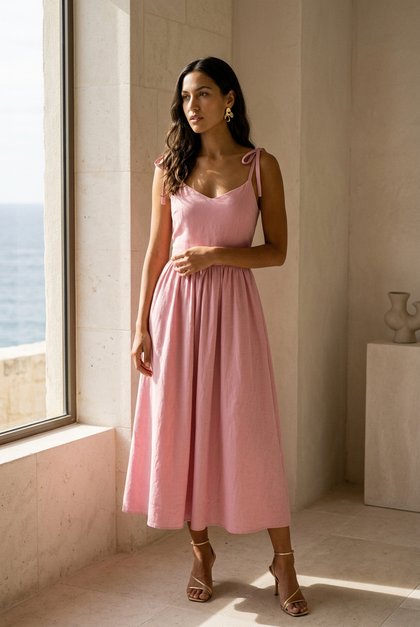 Clara cotton tie-shoulder midi dress in pink, window-light editorial styling