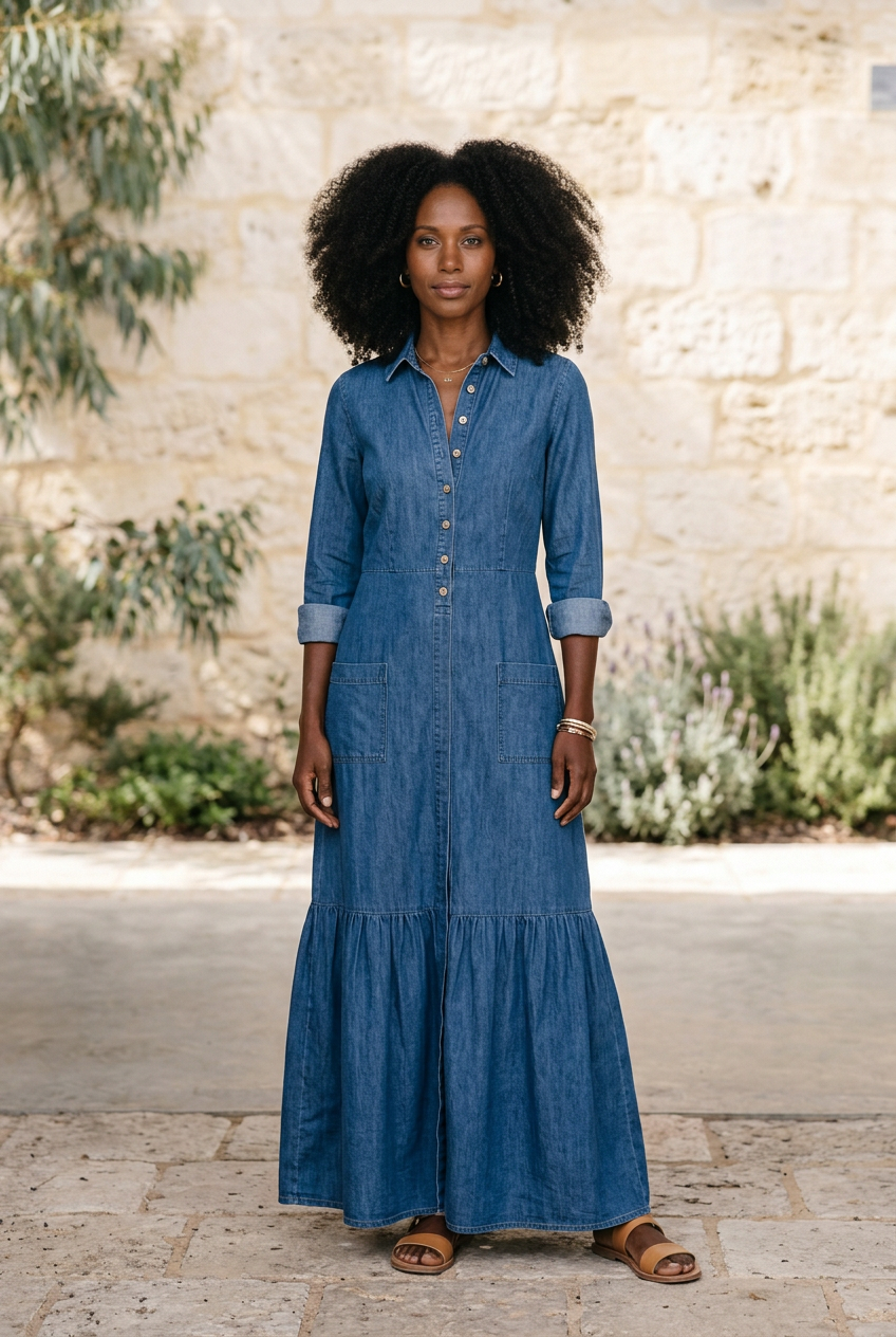 Curly-haired model wearing the blue Ella collared tiered dress in a coastal courtyard