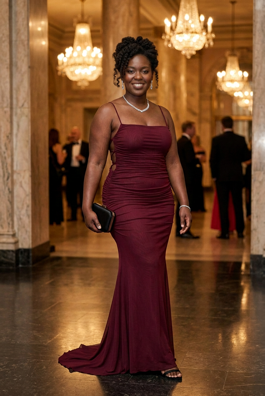 Estelle gown in Wine Red on the curvy Black model with a curly updo, evening makeup and crystal jewellery at a luxury gala