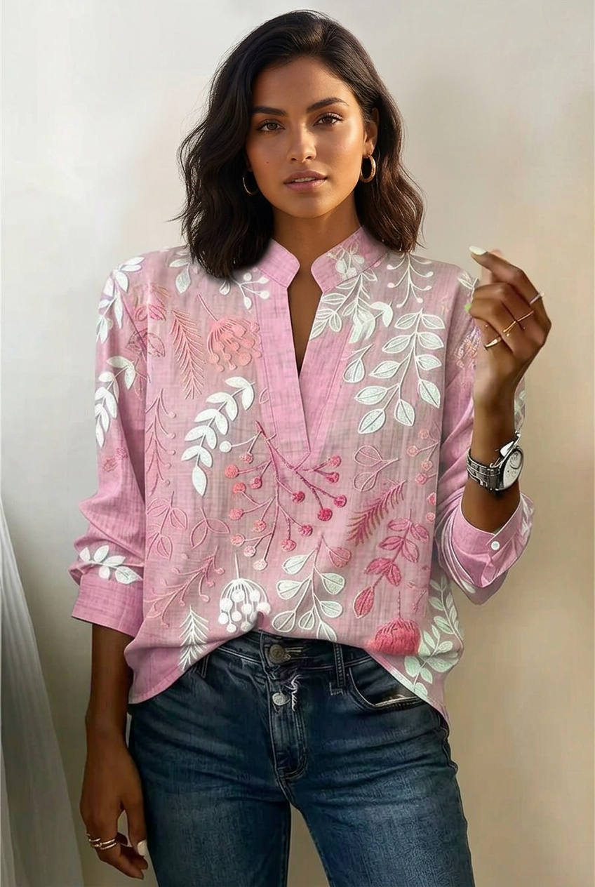 Pink Willow botanical blouse styled with blue jeans on GaileneGrace's recurring model