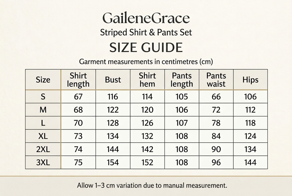 GaileneGrace striped shirt and pants set size guide, S to 3XL, garment measurements in centimetres. Allow 1–3 cm variation due to manual measurement.
