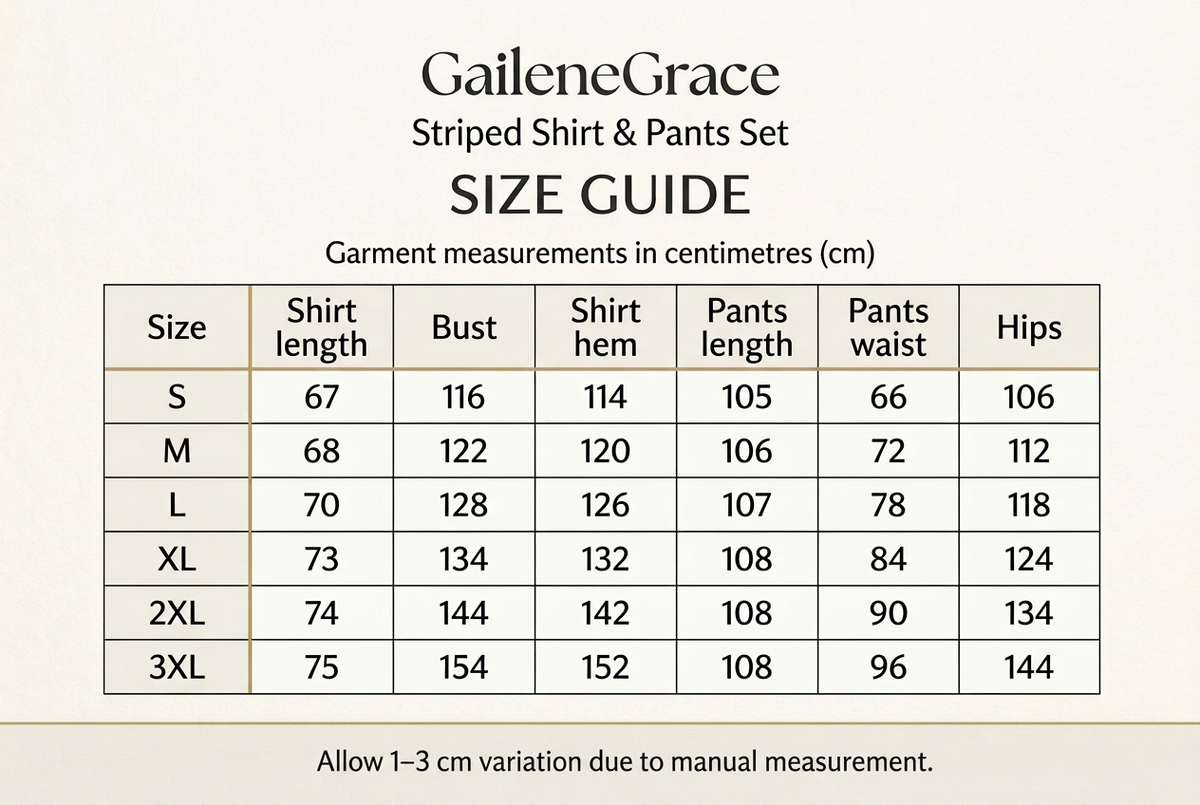 GaileneGrace striped shirt and pants set size guide, S to 3XL, garment measurements in centimetres. Allow 1–3 cm variation due to manual measurement.