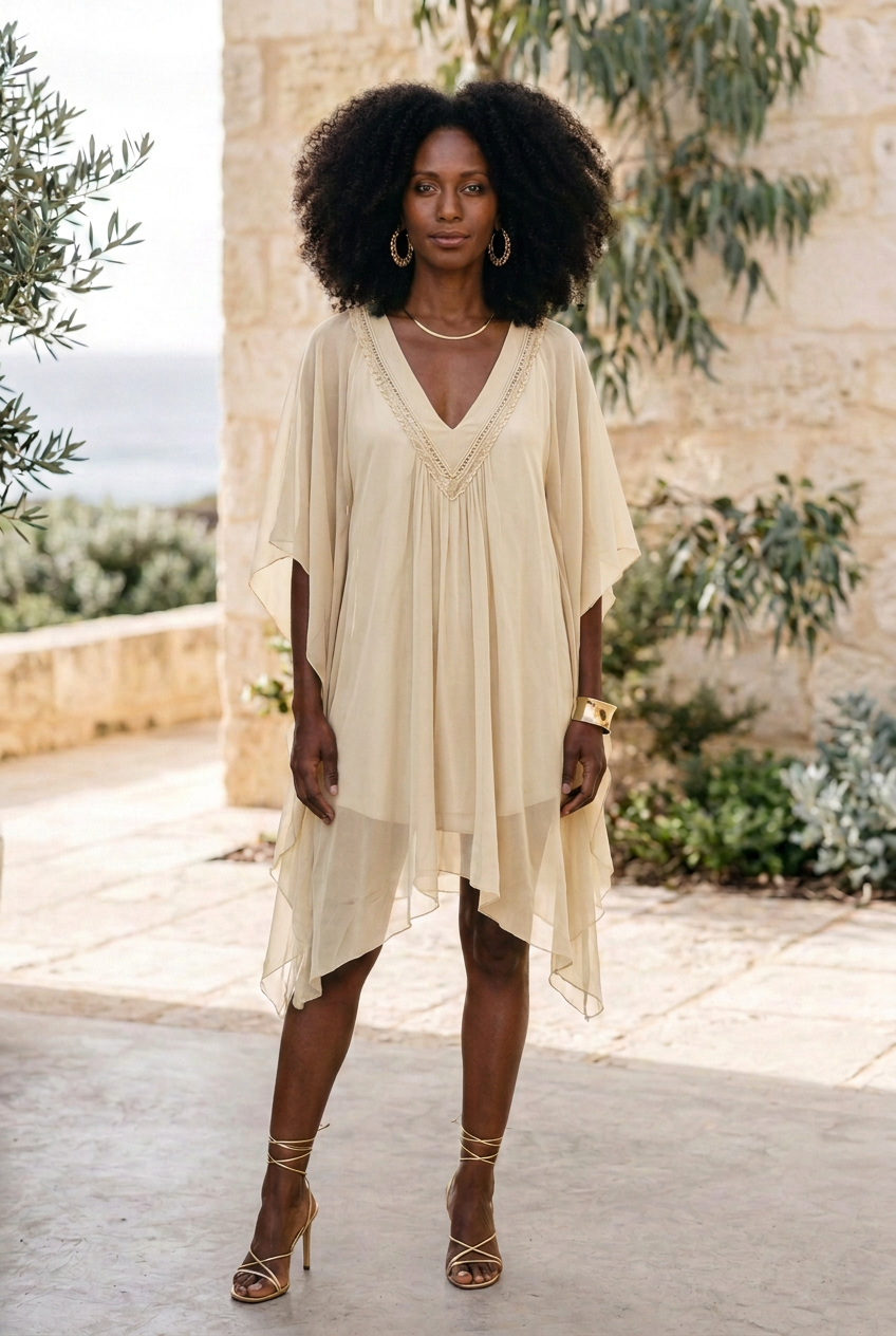 Curly-haired model wearing the cream Sienna dress with gold jewellery and heels