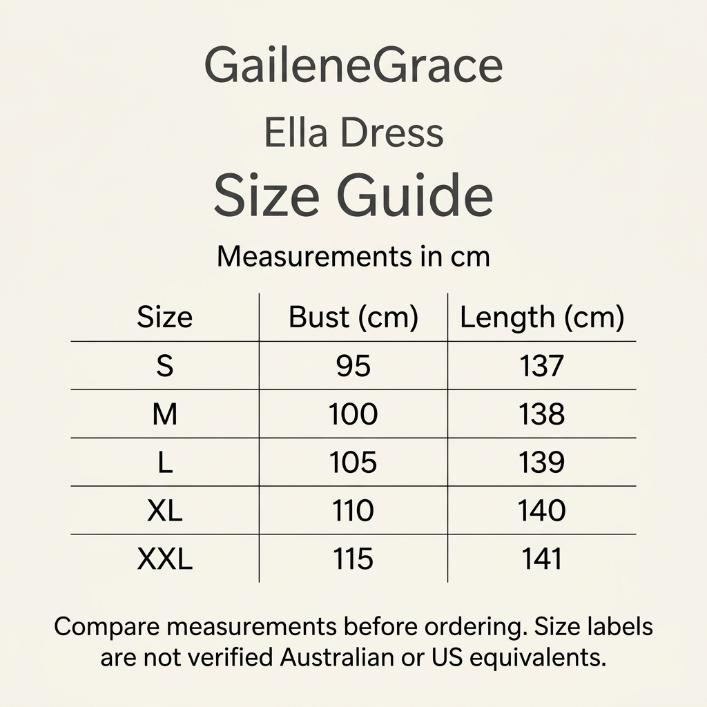 Ella size guide in cm: S bust 95 length 137; M 100/138; L 105/139; XL 110/140; XXL 115/141.