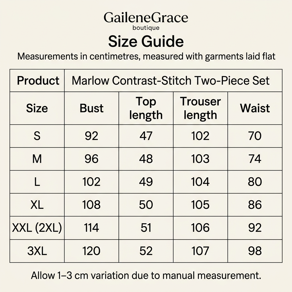 Marlow Contrast-Stitch Two-Piece Set size guide for S–3XL with bust, top length, trouser length and waist measurements in centimetres.