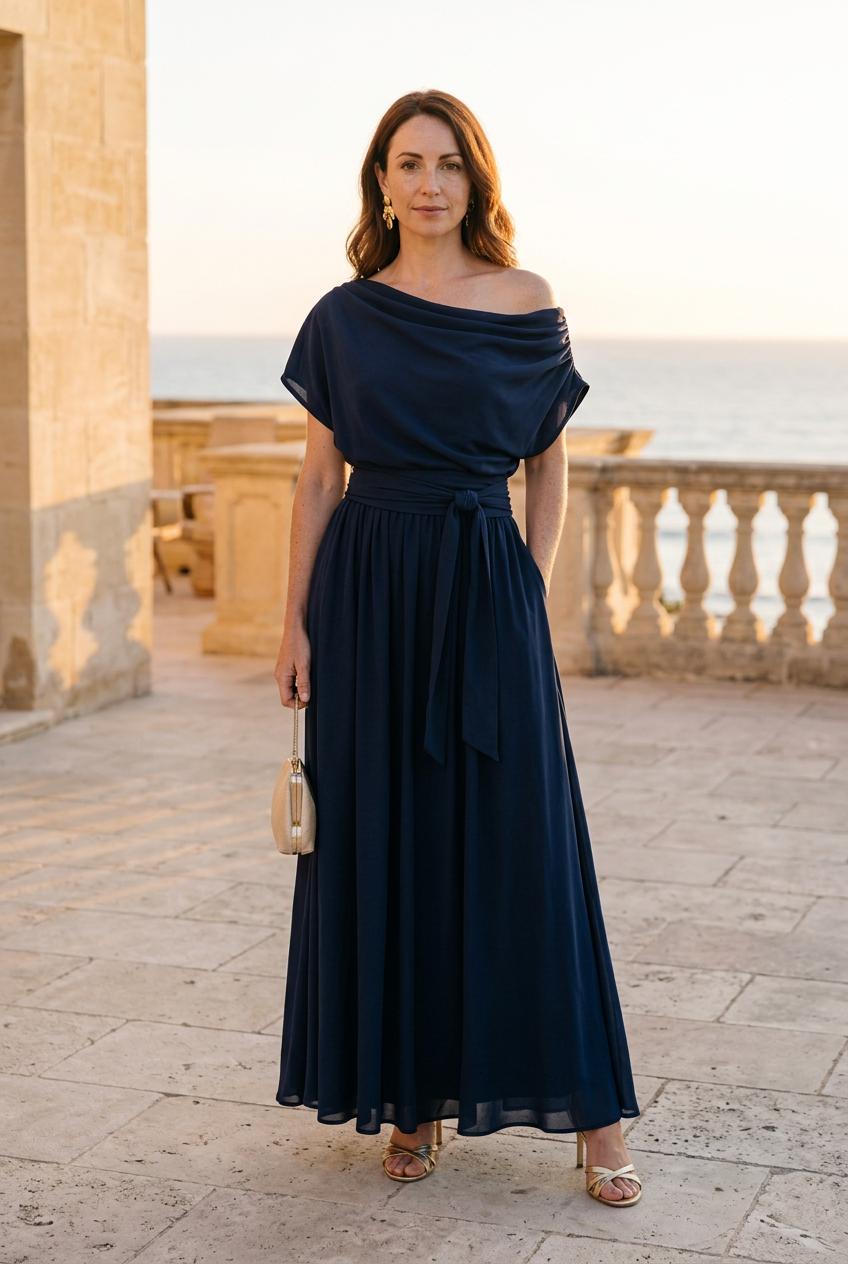 Celeste draped boat-neck maxi dress in navy on the chestnut-haired model