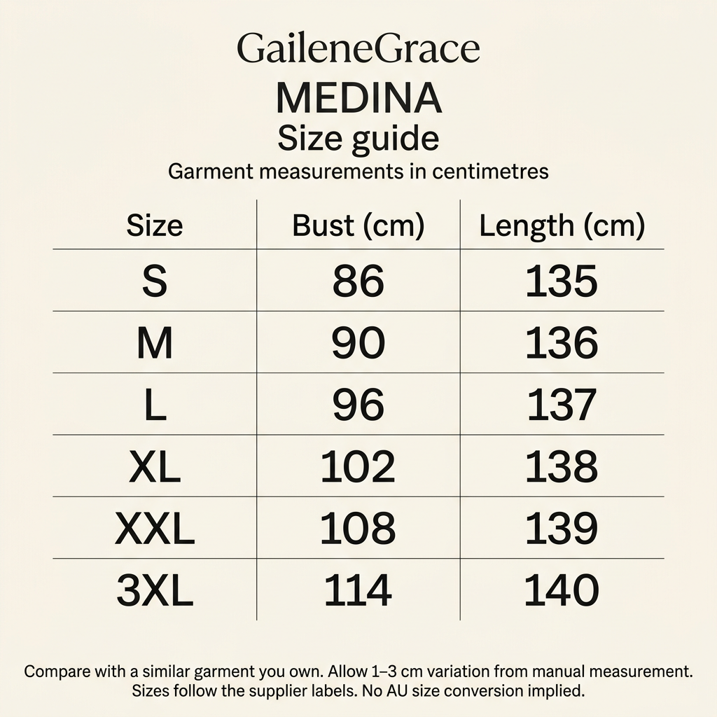 Medina size guide: garment bust and length measurements in centimetres for sizes S to 3XL