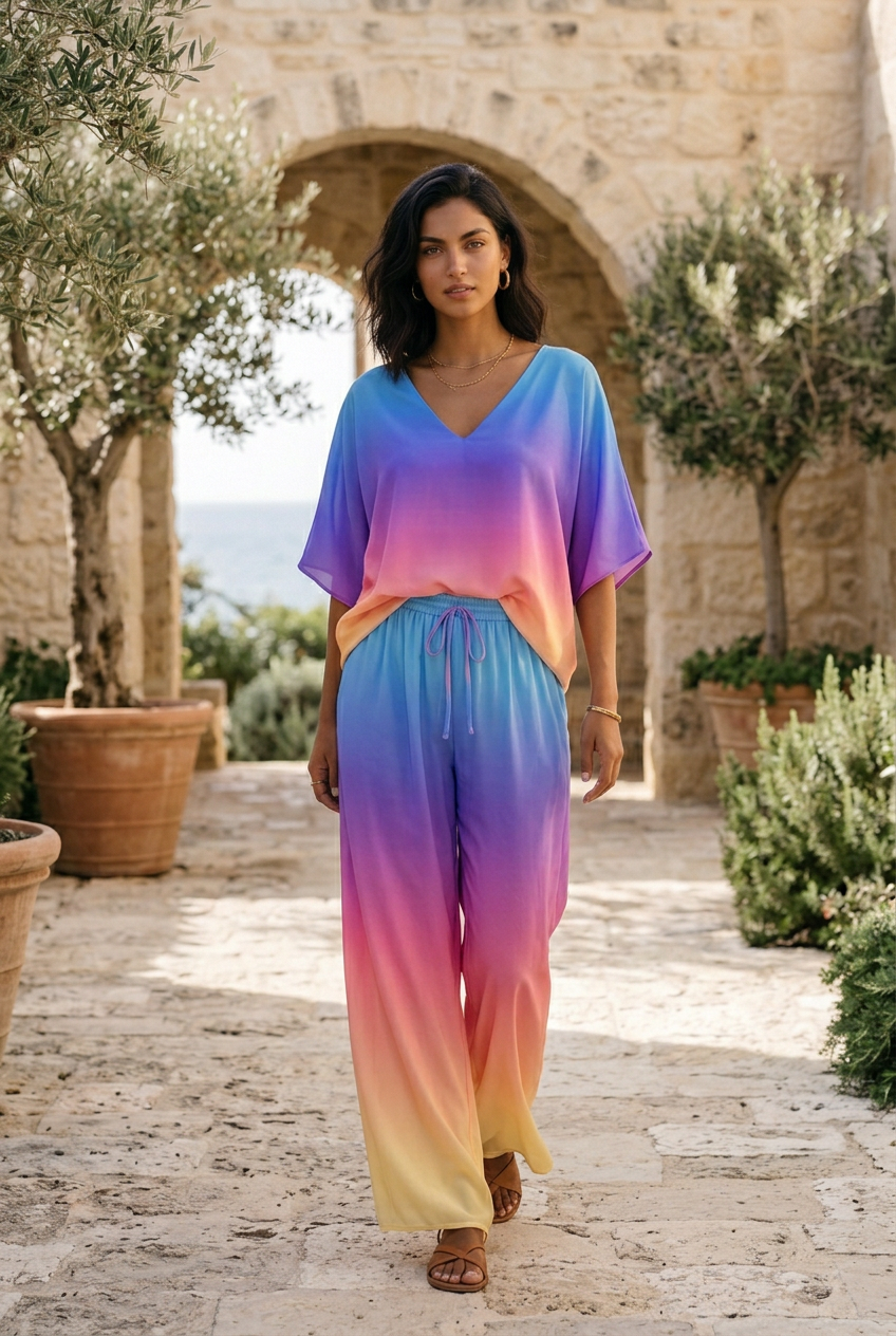 Aria Colorful ombre two-piece trouser set, editorial lifestyle image