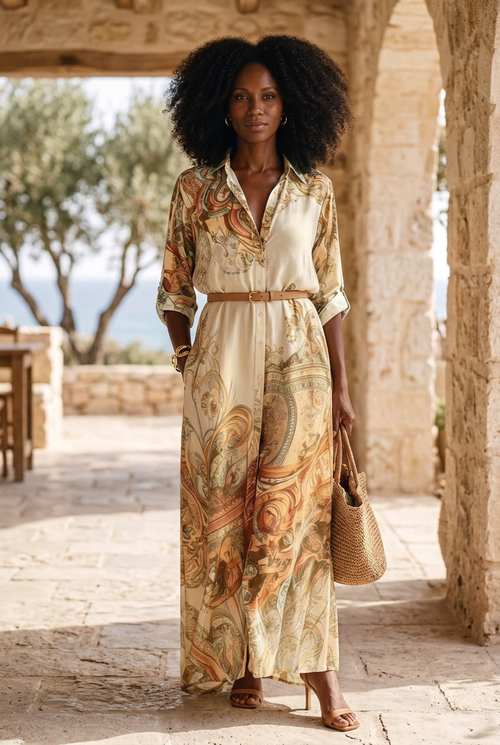 Model wearing the beige apricot Aveline printed shirt dress with a styling belt, heels, Golden Era Huggie Hoops and Infinite Bold Cuff.