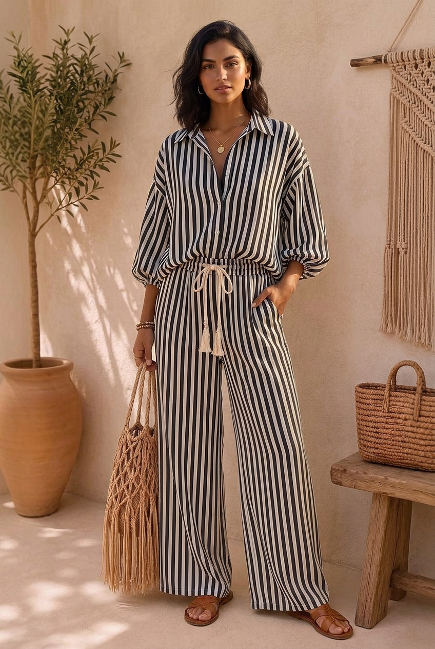 Model wearing the black Marielle striped shirt and pants set in a warm neutral lifestyle setting.