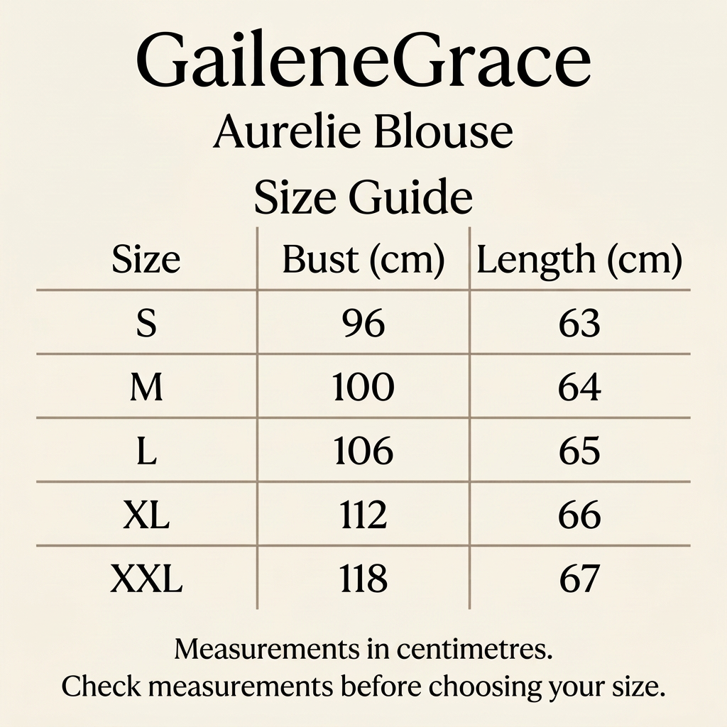 Aurelie blouse size guide with bust and length measurements in centimetres for sizes S to XXL