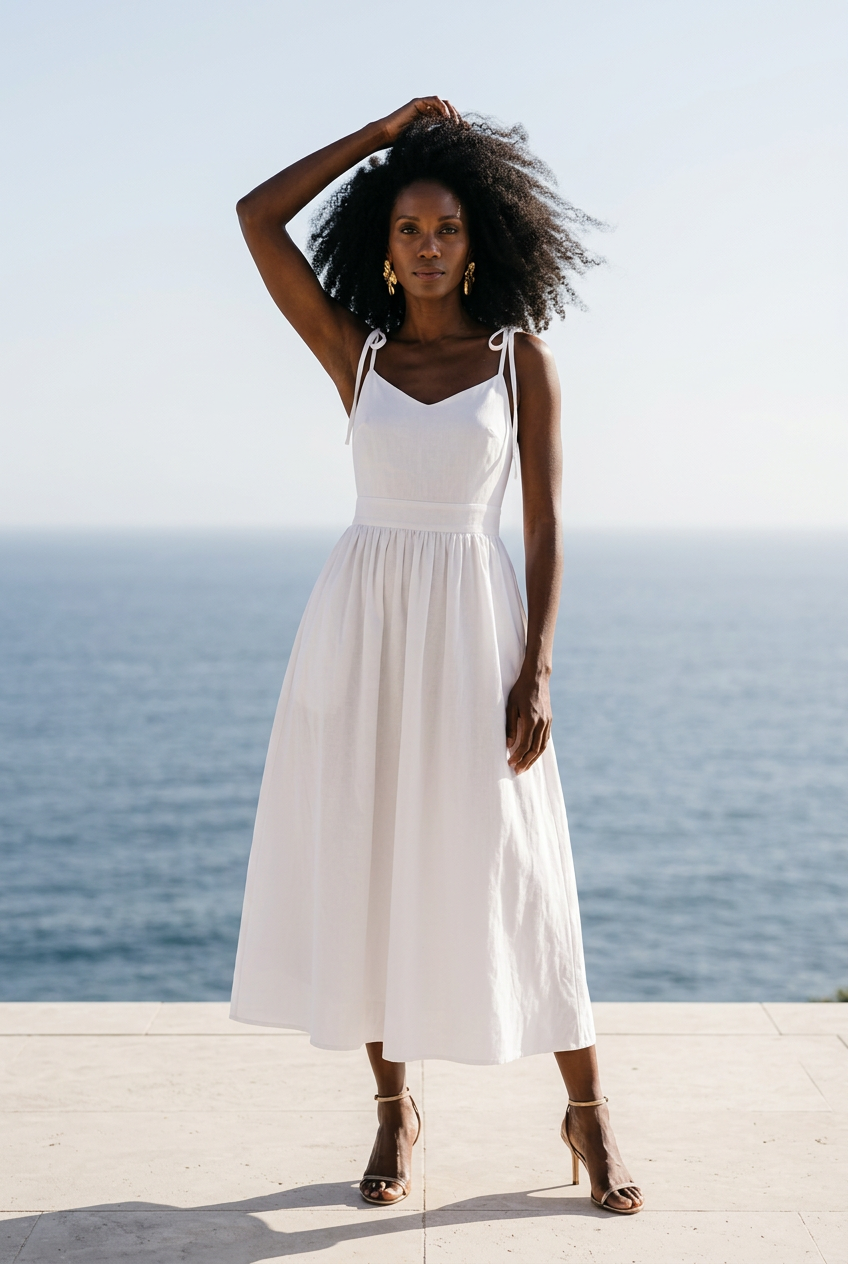 Clara cotton tie-shoulder midi dress in white, seaside editorial styling