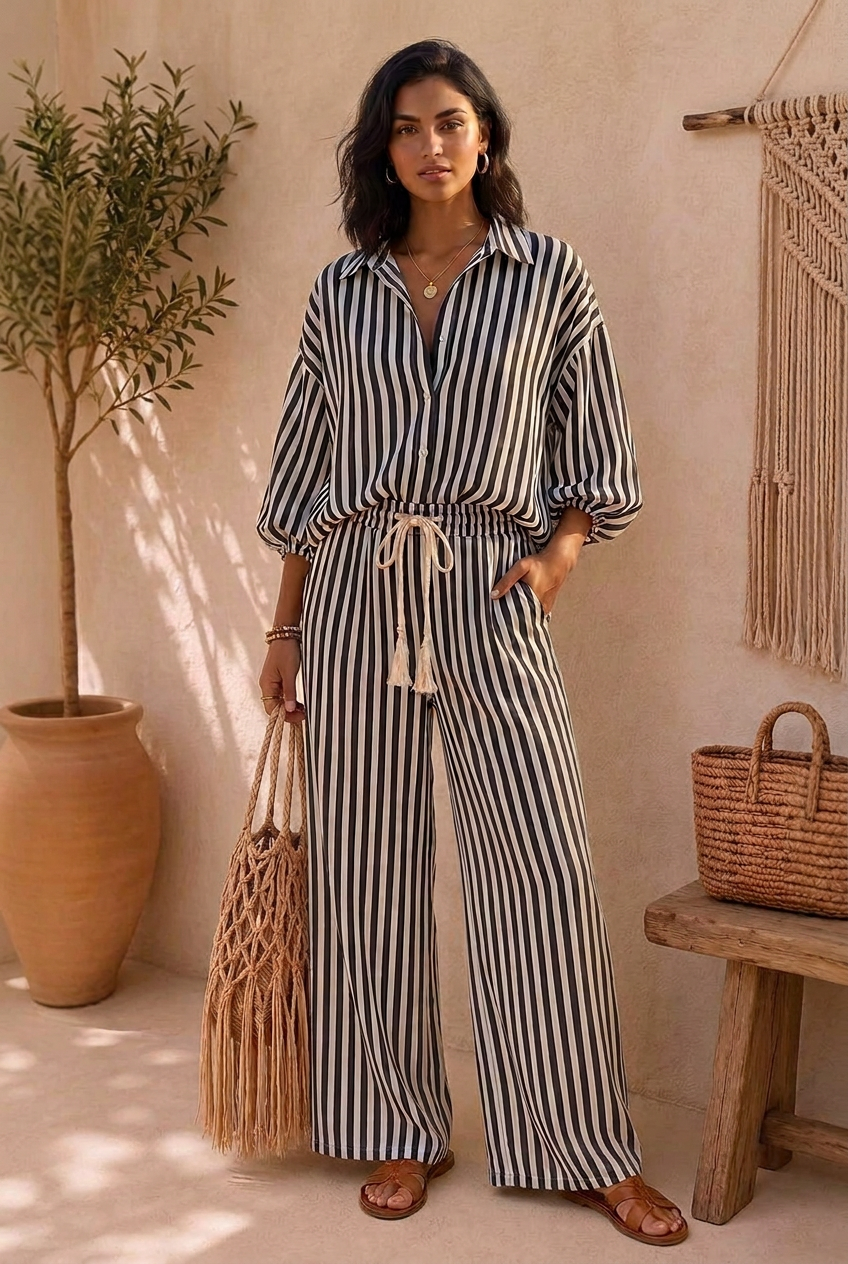 Marielle black striped set with relaxed shirt styling and open collar.