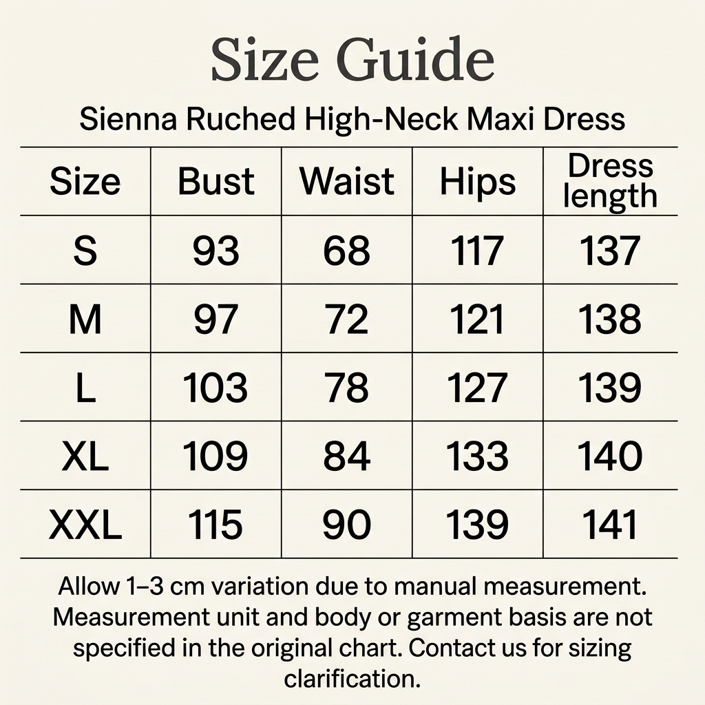 Sienna Ruched High-Neck Maxi Dress size guide for S–XXL with bust, waist, hips and dress length. Original chart does not specify units or whether measurements are for body or garment.