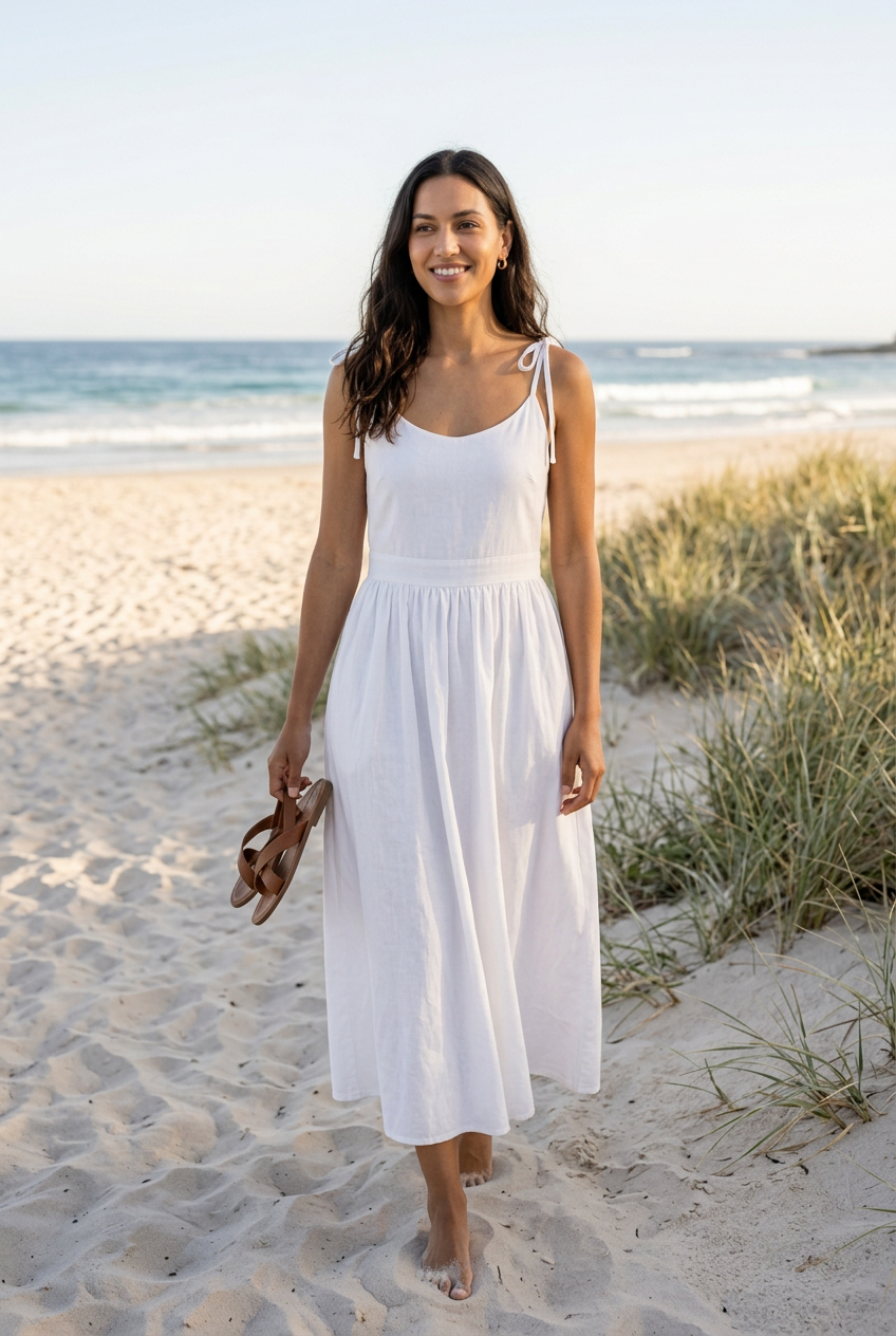 Clara cotton tie-shoulder midi dress in white, relaxed beach styling