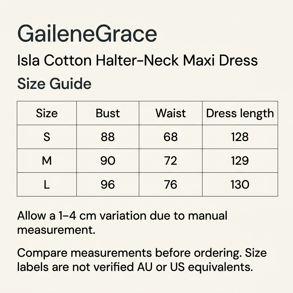 Isla size guide. S: bust 88, waist 68, dress length 128. M: bust 90, waist 72, dress length 129. L: bust 96, waist 76, dress length 130. Allow 1–4 cm measurement variation. Not verified AU or US size equivalents.