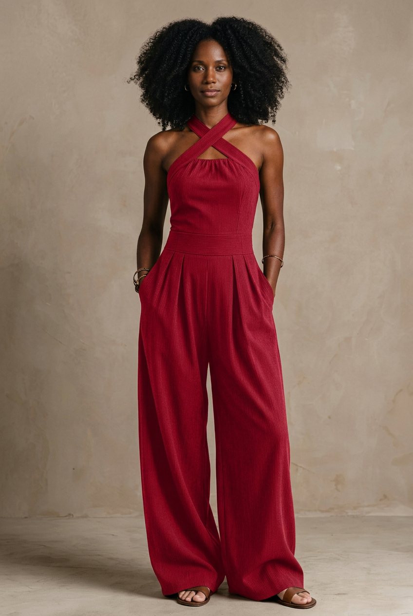 Medina red jumpsuit on GaileneGrace curly-haired Black model