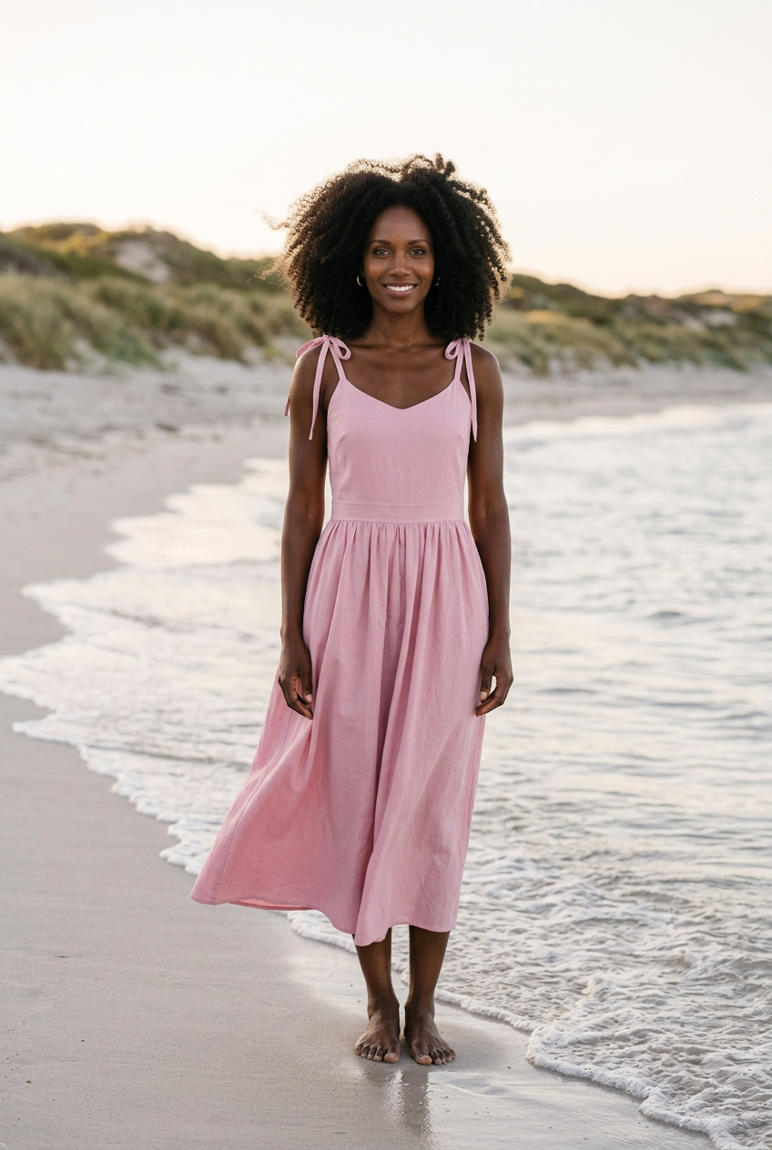 Clara cotton tie-shoulder midi dress in pink, relaxed beach styling