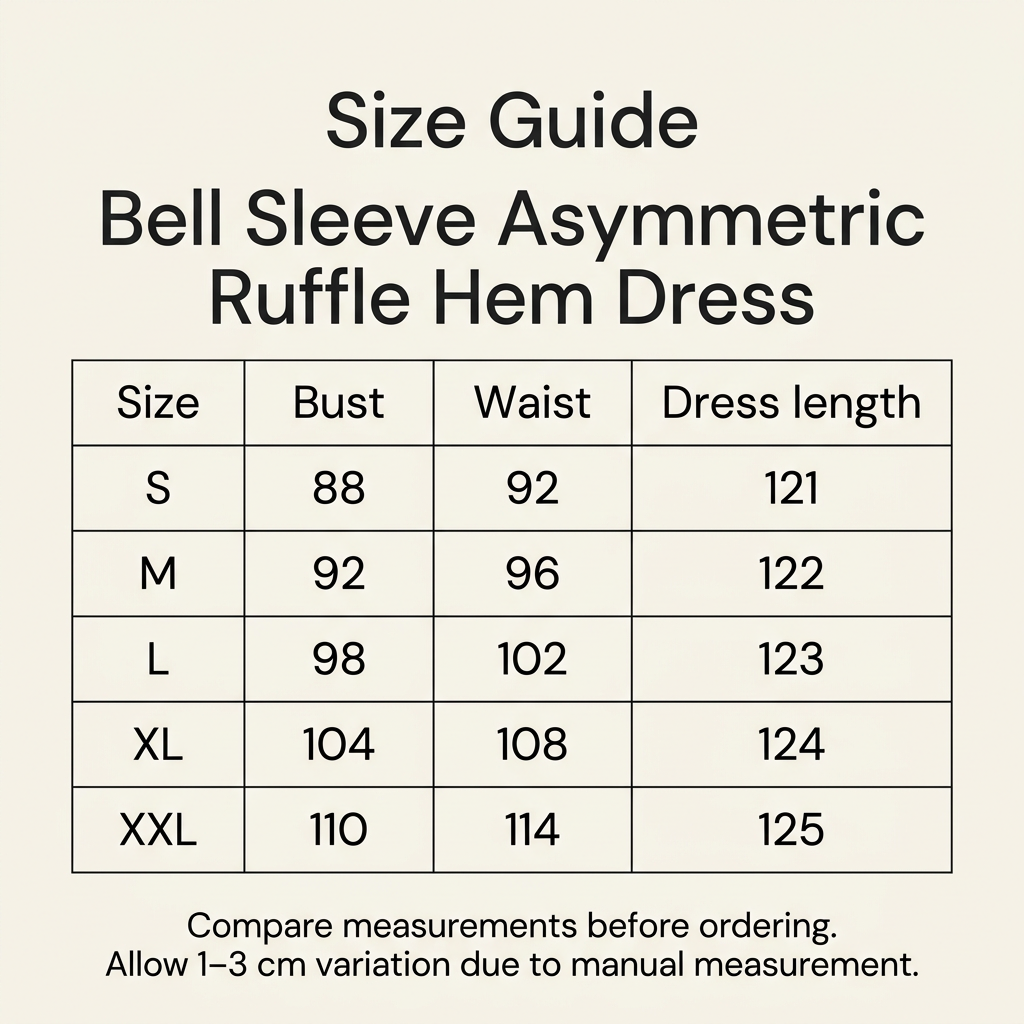 Bell Sleeve Asymmetric Ruffle Hem Dress size guide for S–XXL showing bust, waist and dress length measurements.