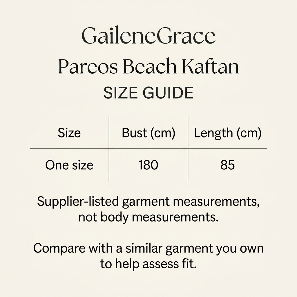 Pareos Beach Kaftan supplier size guide: one size, bust 180 cm, length 85 cm. Garment measurements, not body measurements.