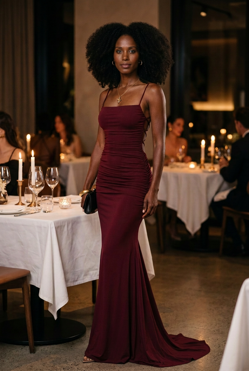 Estelle gown in Wine Red on the natural-curls model at dinner, styled with gold jewellery