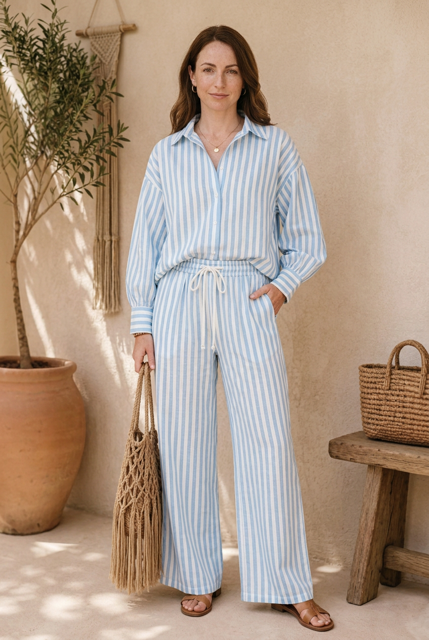 Model wearing the light blue Marielle striped shirt and pants set in a warm neutral lifestyle setting.